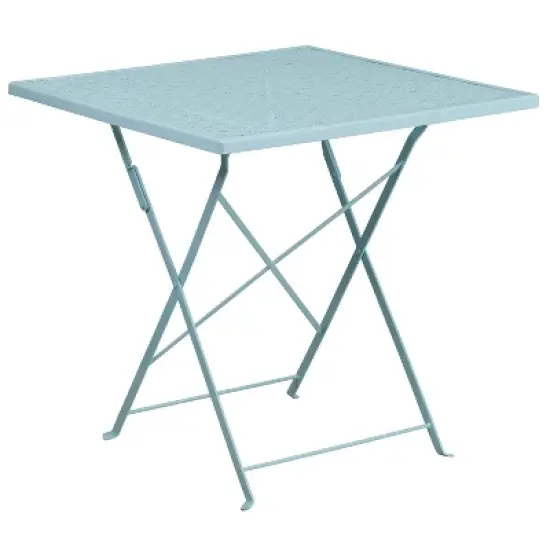 Emma and Oliver Commercial Grade 28" Square Sky Blue Folding Patio Table Set-4 Round Back Chairs image {2}