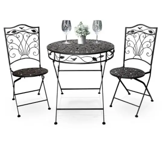 3pc Iron Garden Bistro Set with Leaf Design Brown - Alpine Corporation image {5}