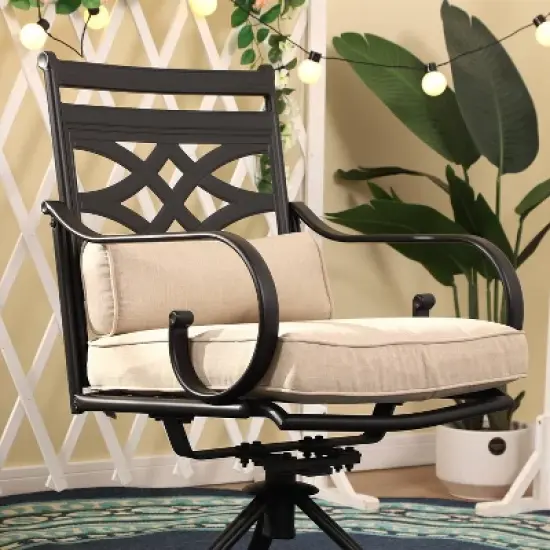 7pc Outdoor Dining Set with Svivel Chairs with Cushions & Large Metal Rectangle Table with Umbrella Hole - Captiva Designs image {17}