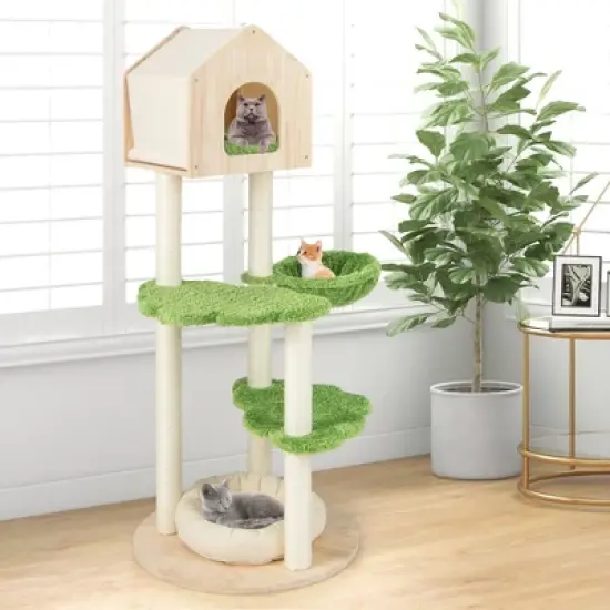 Tangkula Wooden Cat Tree 55" Tall Cat Climbing Stand w/ Sisal Scratching Posts Green image {1}