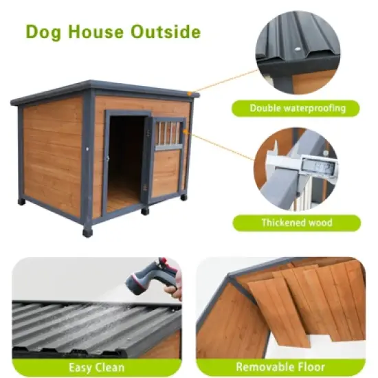 Gulches 45"large solid wood dog house, waterproof PVC plastic roof, breathable wooden doors image {3}