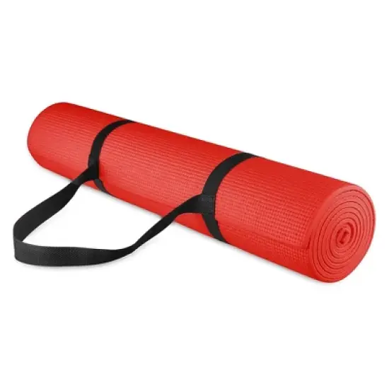 Fitvids 1/4&rdquo; High Density Thick Non Slip Workout Yoga Mat and Carry Strap, Red image {1}