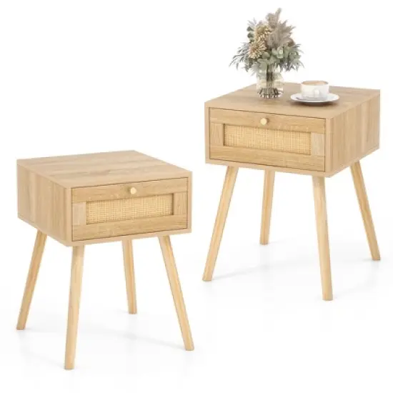 Tangkula 2 PCS Nightstand Bedside Sofa Table with Rattan Drawer for Bedroom & Living Room image {9}