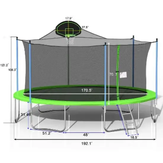 Whisen 16 ft. Trampoline with Basketball Hoop, Outdoor Trampolines w/Ladder and Safety Enclosure Net image {11}