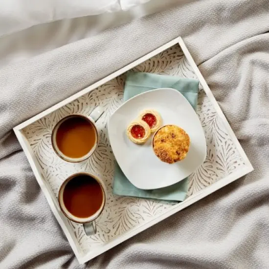 Juvale 2-Pack Rustic Wood Coffee Table Serving Tray with Handles for Ottoman, White Floral image {2}