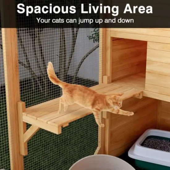 FUFU&GAGA Large Wooden Cattery Cat Enclosure Cat House with Multi - Level Space - Outdoor/Indoor Cat House with Secure Mesh image {6}