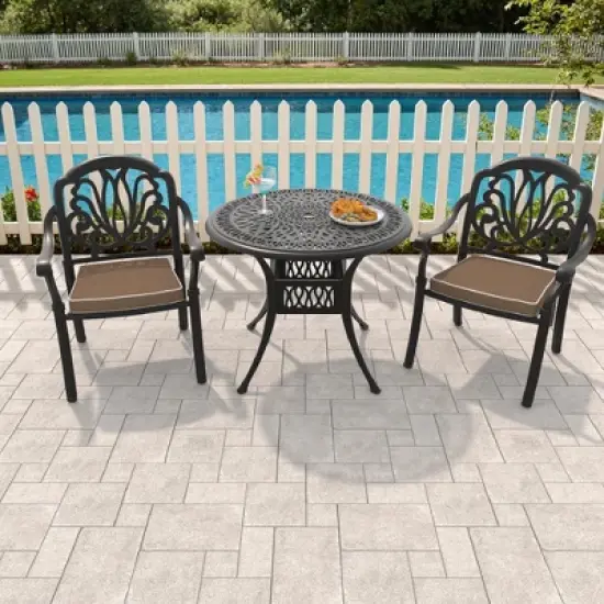 3-Piece Cast Aluminum Outdoor Dining Set with Brown Cushions, Round Table & Stackable Chairs - for Patio, Backyard image {10}