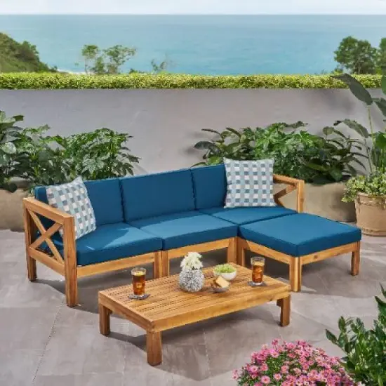 Sapphtopaz 5-Piece Outdoor Patio Sofa Set, Wood Outdoor Sofa with Cushions, L-Shape Modular Sofa, 3-Seater Sectional Sofa with Ottoman & Coffee Table image {8}