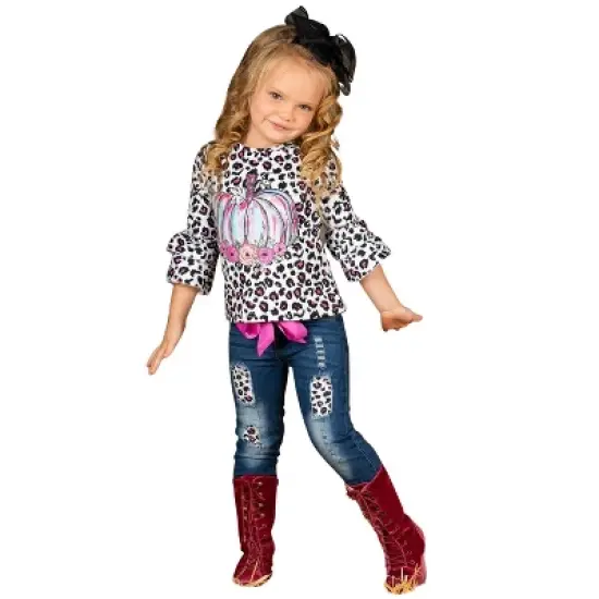 Girls Pastel Pumpkin Leopard Patched Jeans Set Mia Belle Girls, Leopard, 4T image {1}