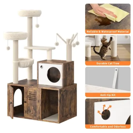 Multi-Level Cat Tree w/Hidden Litter Box - 3-in-1 Tower w/Condo, Hammock & Scratching Posts image {5}