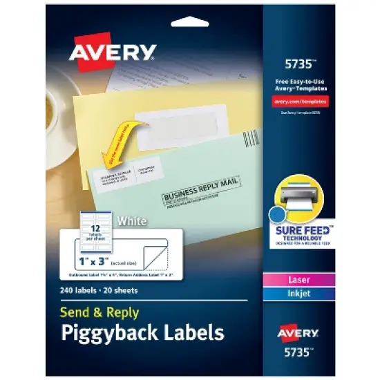 Avery Send & Reply Piggyback Mailing Labels, Sure Feed Technology, 1-5/8" x 4" Outer, 1" x 3" Inner, 240 Labels (5735) image {6}