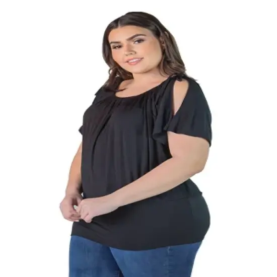 Women's Top with Short Sleeves and Split Shoulders in Solid Color Plus Size image {1}
