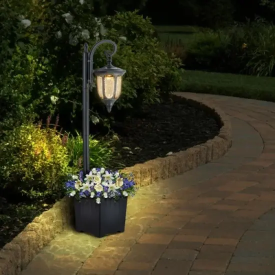 C Cattleya 1-Light Black Solar Outdoor Post Light with Planter and Crackle Glass image {1}