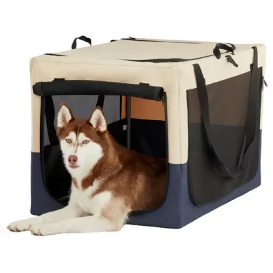 DSVIMOY Dog Crates with Adjustable Cover, Dog Travel Crate with 3 Door, White & Blue, 29.92"*19.49"*19.29" image {1}
