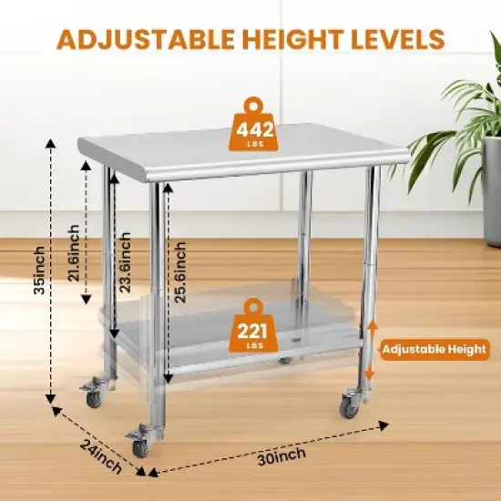 Heavy Duty Stainless Steel Work Table, Adjustable Height Utility Table for Home, Garage, and Restaurant Use image {2}