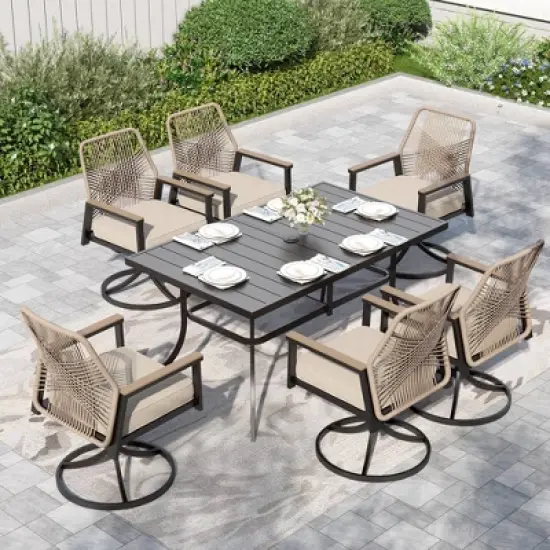 Captiva Designs 7pc Patio Dining Rectangle Steel Table and Swivel Wicker Chairs with Thick Cushions image {9}