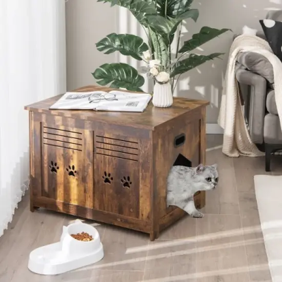 Tangkula Wooden Cat Litter Box Enclosure Flip-Top Hidden Washroom Bench w/ Side Entrance image {2}