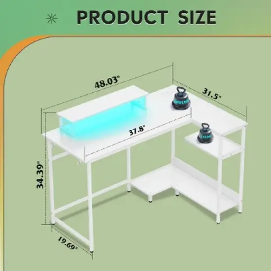 GALAXHERO 47 Inch Small L Shaped Gaming Desk, Corner Computer Desk with Power Outlets, LED Lights & Monitor Stand, Office Desk for Bedroom image {4}