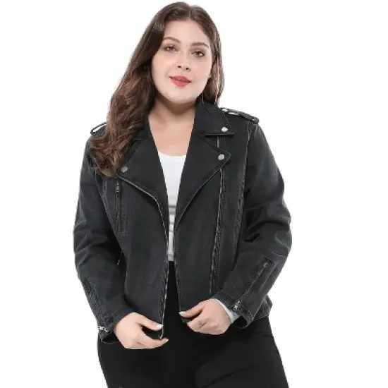 Agnes Orinda Women's Plus Size Outerwear Zip Closure Denim Biker Moto Jacket image {1}