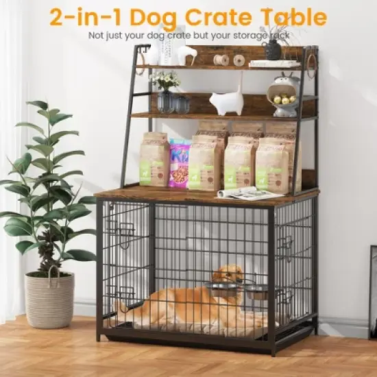 Dog Crate Furniture with Storage Shelves, Removable Tray, Double Doors Modern Dog Crate with Two Adjustable Stainless Steel Bowls image {3}