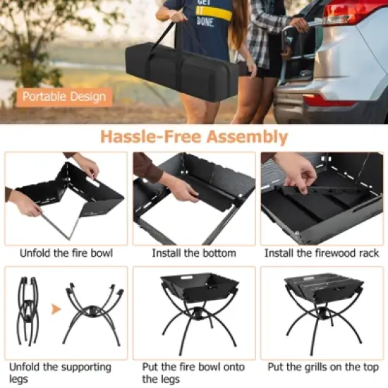 Tangkula Camping Fire Pit w/Cooking Grills Portable Campfire Grill w/ Carrying Bag & Gloves 3-In-1 Stainless Steel Wood Burning Coffee/Silver image {5}