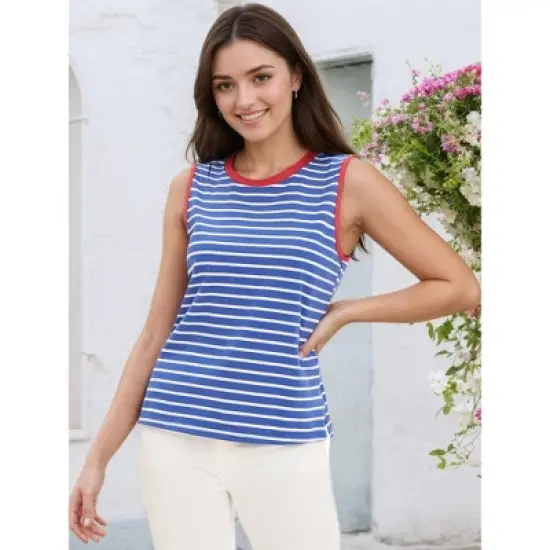 ATHLECHIC Women's Striped Color Block Side Slits Crew Neck Casual Sleeveless Shirts image {1}