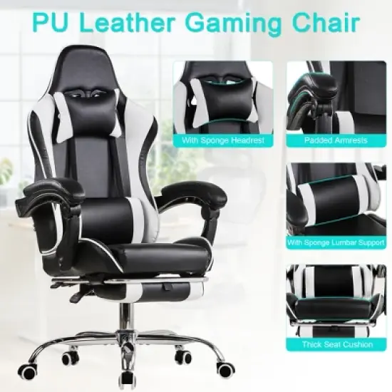 VECELO Reclining Gaming Chair, Faux Leather Adjustable Height Ergonomic Gaming Chair with Footrest & Lumbar Support, Black image {2}