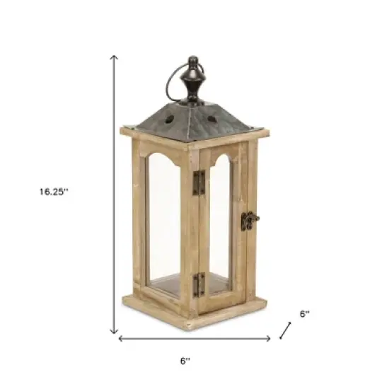 HomeRoots 16" Natural And Gray Geometric Metal And Solid Wood Tabletop Lantern Candle Holder image {2}