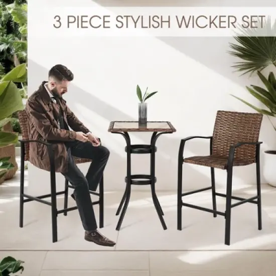 HOMEFUN 3 Pieces Outdoor Bar Stools Set,Rattan Bar Chairs,with glass table top, Wicker Bar Stools for Backyard,Brown image {6}