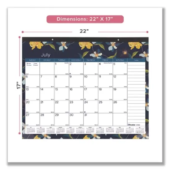 Academic 18-Month Desk Pad Calendar, Floral Artwork, 22 x 17, White/Multicolor Sheets, Black Headband, July 2025 to Dec 2026 image {1}