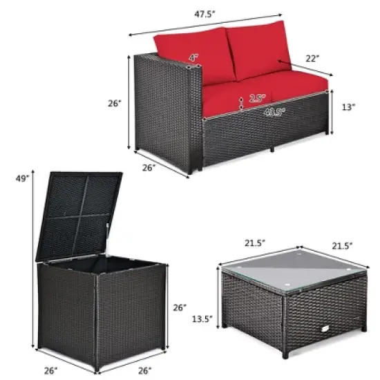 Costway 8PCS Outdoor Patio Rattan Furniture Set Cushioned Loveseat Storage Table Red\Navy image {2}