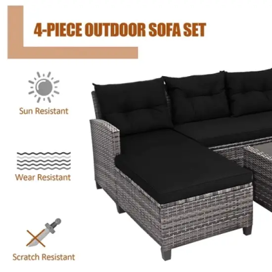 Tangkula Set of 4 Rattan Furniture Set Sofa Ottoman Cushion Garden Deck Patio Black image {1}