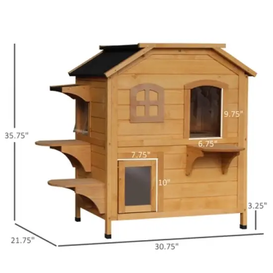 Gulches PawHut 2-story Cat House Outdoor, Weatherproof Wooden Cat Enclosure for Feral Cats, Natural image {6}
