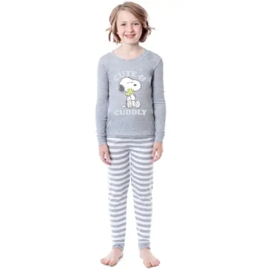 Peanuts Girls' Child Unisex Snoopy Woodstock Cute & Cuddly Sleep Pajama Set Grey image {3}