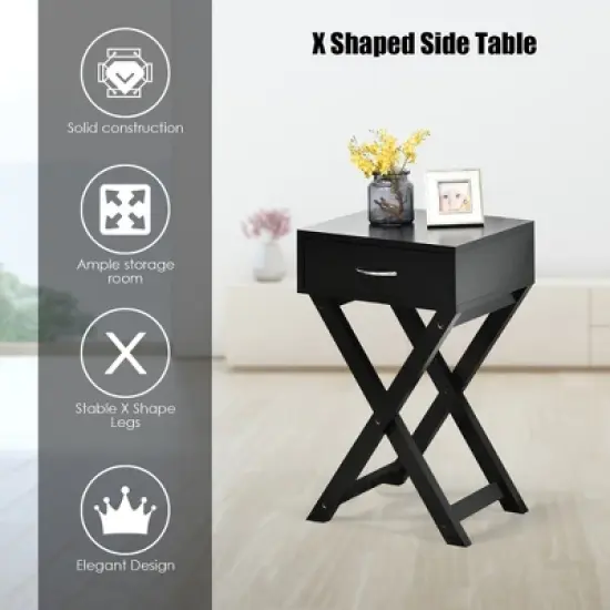 Costway Nightstand x-Shape Drawer Accent Side End Table Modern Home Furniture Black image {4}