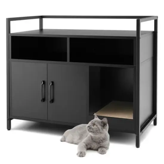 Tangkula Large Litter Box Enclosure Cat Wooden Storage Cabinet with 2 Doors image {8}