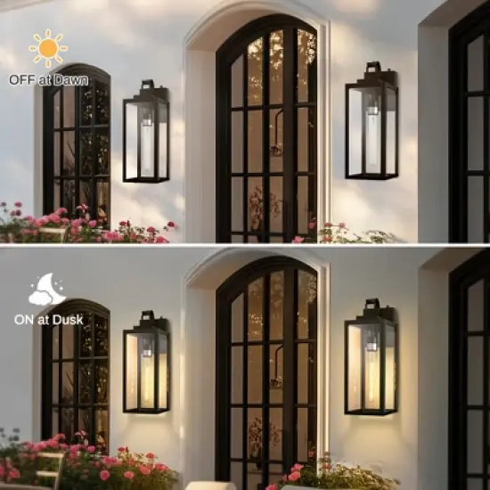 DORESshop 18 in. 2-Pack Large Black Dusk to Dawn Outdoor Waterproof Lantern Wall Lights with Clear Glass Shade T30 Bulbs Included image {3}
