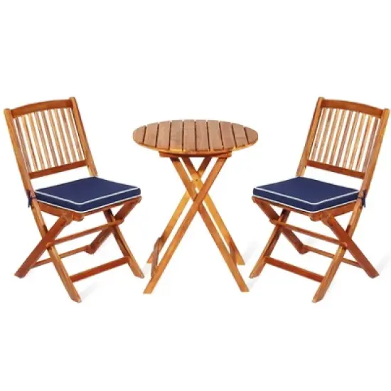 Tangkula 3PCS Folding Patio Conversation Set Acacia Wood Bistro Set w/ Cushions image {2}