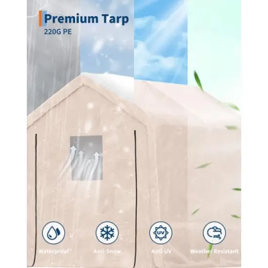 10x10FT Outdoor Storage Shed Carport with  Roll-Up Zipper Door, Portable Garage Storage Shelter Heavy Duty Waterproof PE Tarp for Bike, ATV, Khaki image {1}