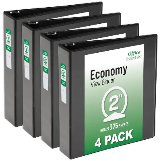 Office Essentials Economy View 3 Ring Binders, 2" Round Rings, 2.8" Spine, 375-Sheet Capacity, Black Binders (4-Pack of 03147) image {7}