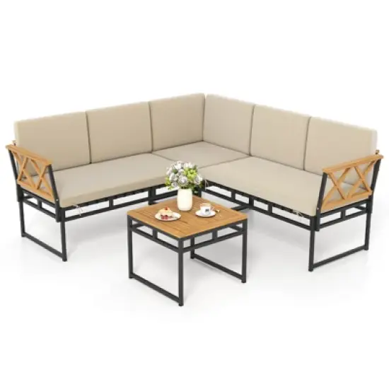 Costway 4 Piece Outdoor Sectional Sofa Set L-Shaped Metal Conversation Set with Cushions image {1}