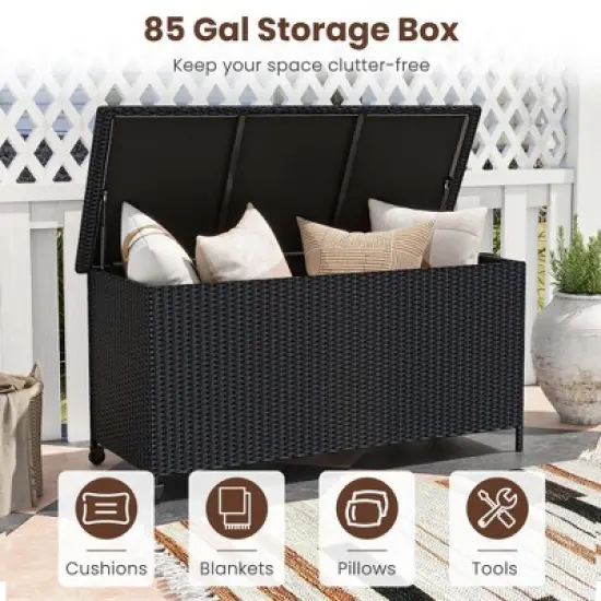 Costway 85 Gallon Rattan Deck Box with Waterproof Liner Universal Wheels & Gas Strut Brown/Black image {5}