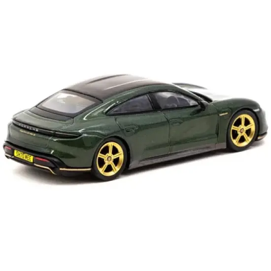 Porsche Taycan Turbo S Midnight Green Met. w/Black Top & Gold Wheels 1/64 Diecast Model Car True Scale Miniatures & Tarmac Works image {1}
