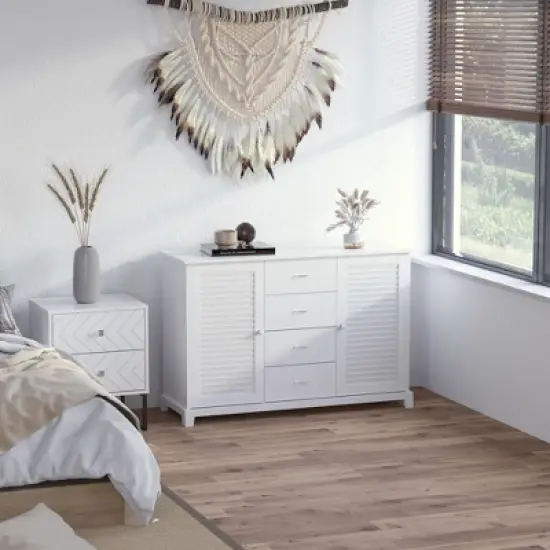 HOMCOM 47" Modern Storage Cabinet Buffet Sideboard with Drawers and Louvered Doors- White image {2}
