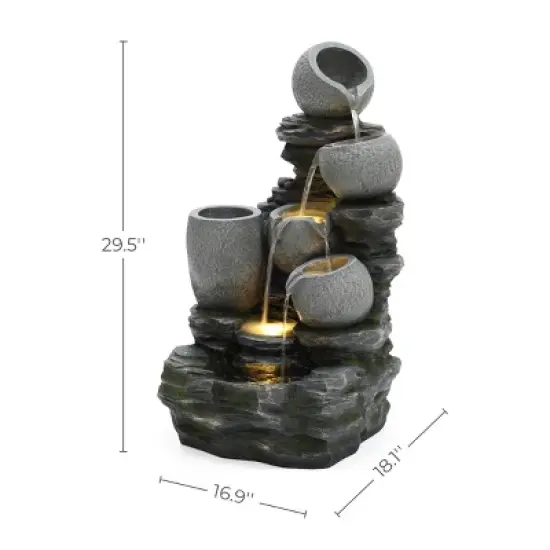 LuxenHome 30" Garden Water Fountain, 4 Tiers Cascading Pots & Rock Cascading Waterfall Fountain Outdoor with LED Lights Gray image {6}