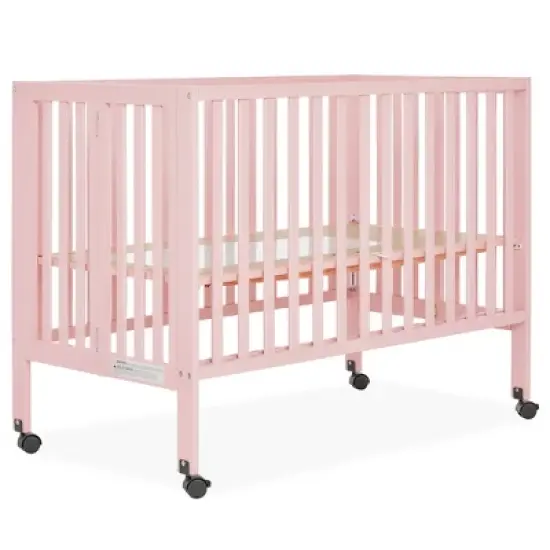Dream On Me Quinn Full-Size Folding Crib I Removable Wheels I Modern Nursey I Adjustable Mattress Support I Patent Folding System in Blush Pink image {2}