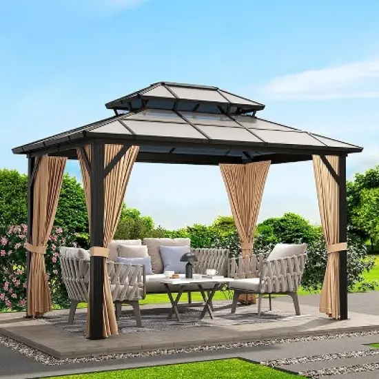 10' x 12' Hardtop Gazebo, Metal Gazebo Aluminum Frame Double Galvanized Steel Roof Curtains Netting Included Pergolas for Patios Garden Parties Khaki image {5}
