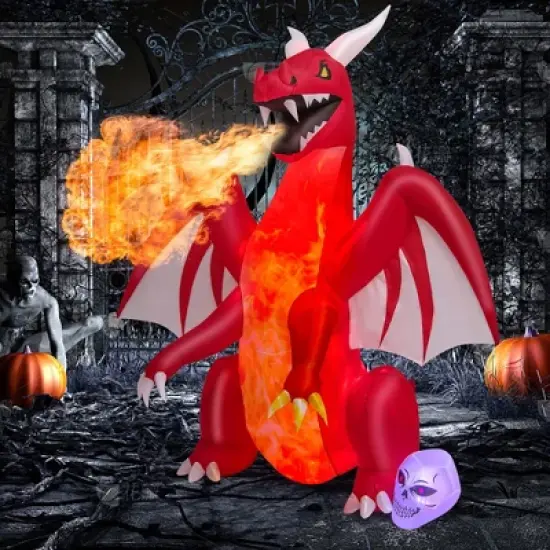 Costway 8 FT Halloween Inflatable Red Dragon with Wings & Skull Holiday Decoration Light image {1}