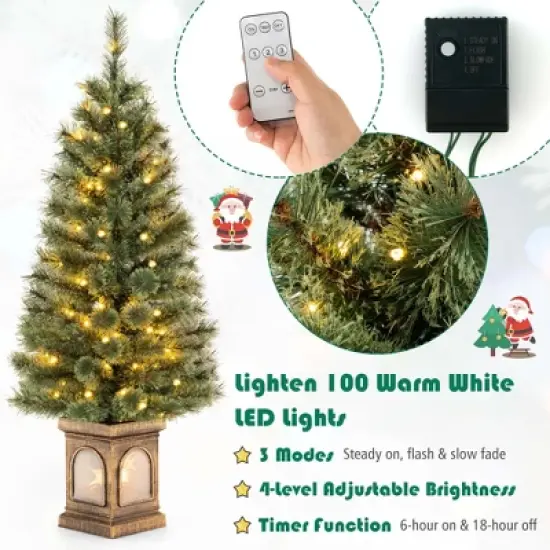 Costway 4 FT Pre-Lit Potted Christmas Tree Pine Needles 3 Dynamic Modes Remote Control image {6}