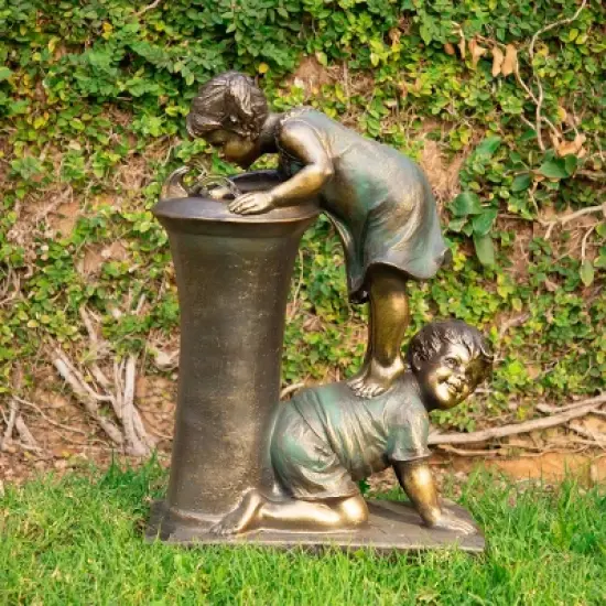 27" Resin Indoor/Outdoor Girl and Boy Drinking Water Fountain Yard D&eacute;cor Bronze - Alpine Corporation image {2}